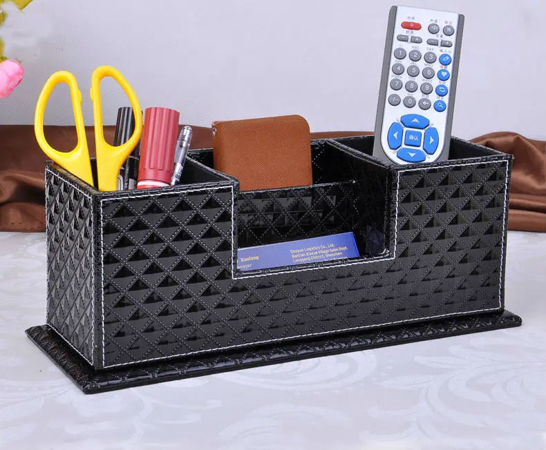 wood struction leather surface desk multi function stationery organizer with double pen pencil holder case diamong