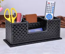 wood struction leather surface desk multi function stationery organizer with double pen pencil holder case diamong