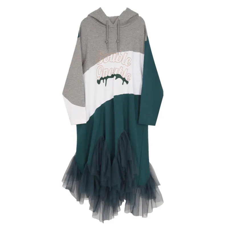 

Autumn Women Hoodied Dress 2018 New Fashion Streetwear Irregular Hooded Mesh Pullover Dress Female Vintage Chic Loose Dress