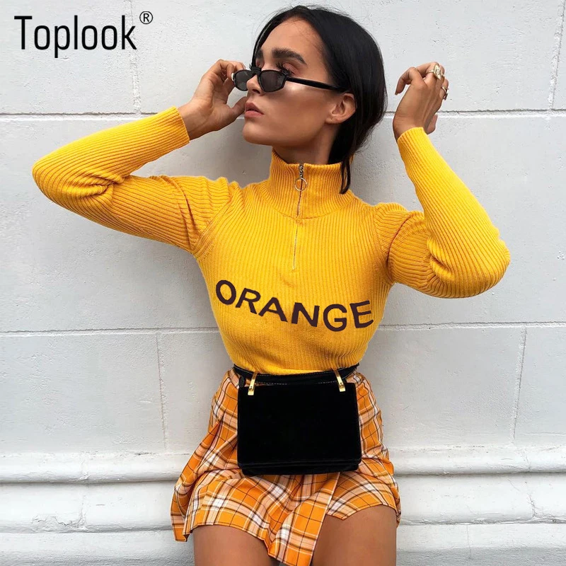 

Toplook Zipper Knitwear Women Elegant Turtleneck Streetwear Long Sleeve Autumn Ladies Letter Casual Pullovers