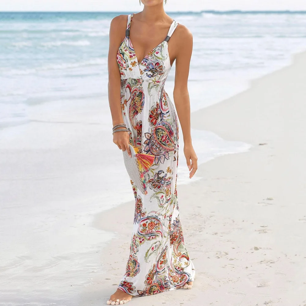 

MIARHB Summer Bohemian Beach Dress for Women Print Boho Sundress Sexy Vestita Tight Robe on mujer ladies maxi Long Dresses White