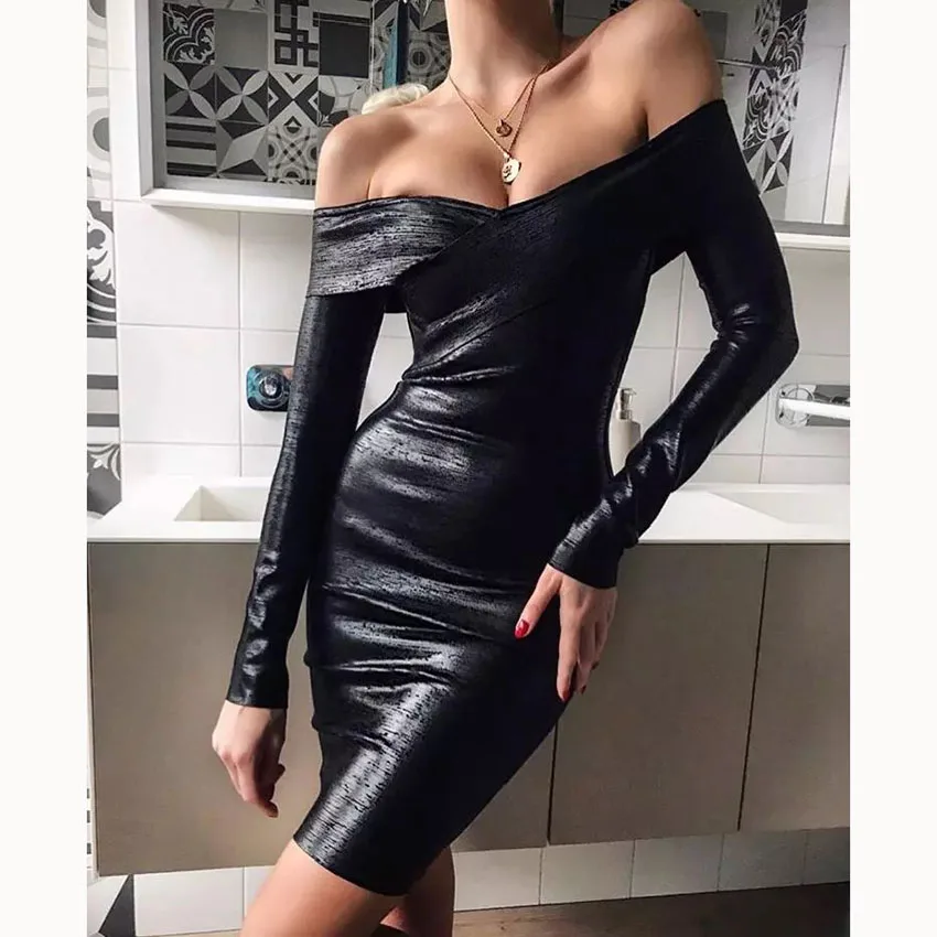 

New Arrival 2019 Women Sexy Bodycon Bandage Dress Elegant Long Sleeve Slash Neck Printed Celebrity Evening Party Dress Vestidos