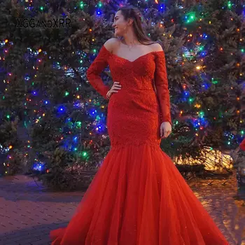 

Luxury Red Mermaid Long Sleeves Lace Prom Dress 2019 V Neck Backless Sweep Train Woman Special Party vestido de festa