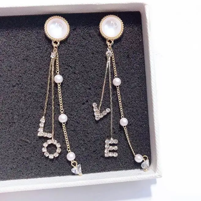 

MENGJIQIAO 2018 New Korean Opal Stone Love Leatter Asymmetry Earrings For Women Shiny Rhinestone Crystal Long Tassel Pendientes