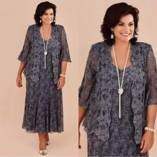 Plus Size Gray Lace Tea Length Mother of the Bride Dresses With Jacket Bride Mother Wedding Party Dress Formal vestido de renda BA1813