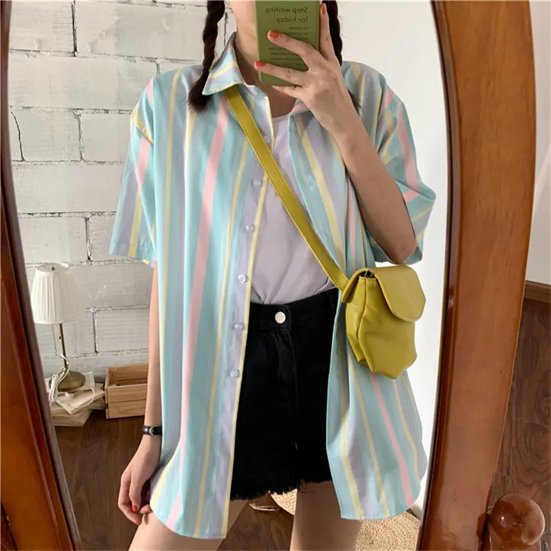 

Alien Kitty Sweet Colorful Striped Cardigans All Match Blouses Half-Sleeved Hot Casual Summer New Elegant Loose Color-Hit Shirts