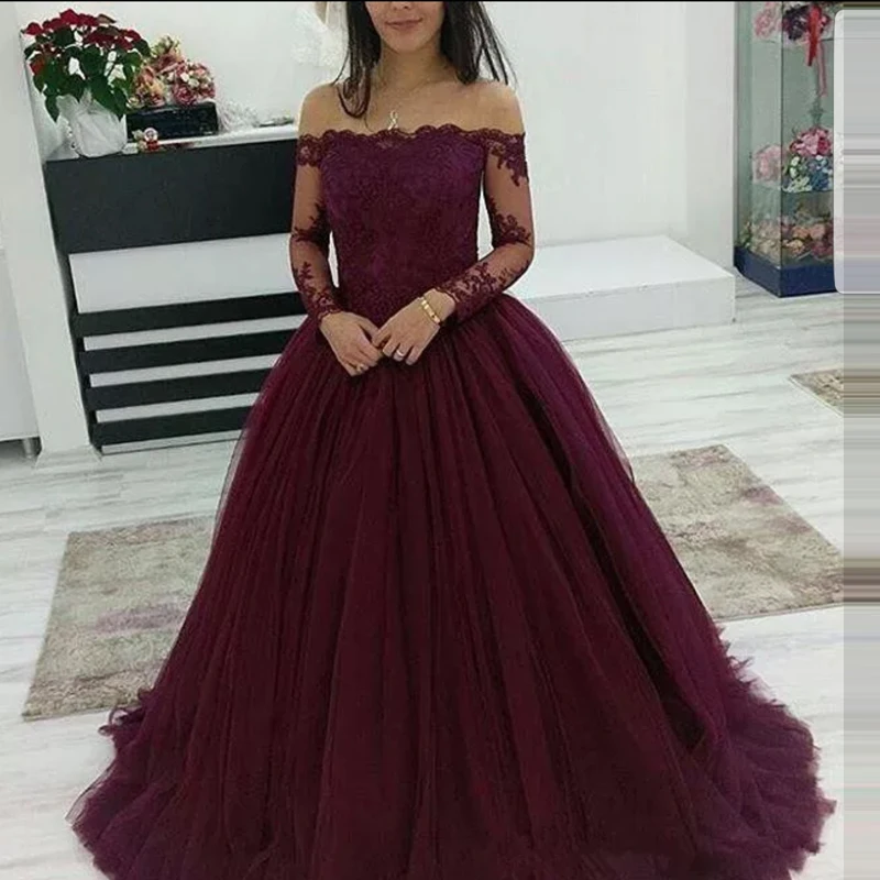 

2019 Burgundy Long Sleeve Prom Dress Ball Gown Court Train Custom Made vestidos de fiesta de noche largos elegantes