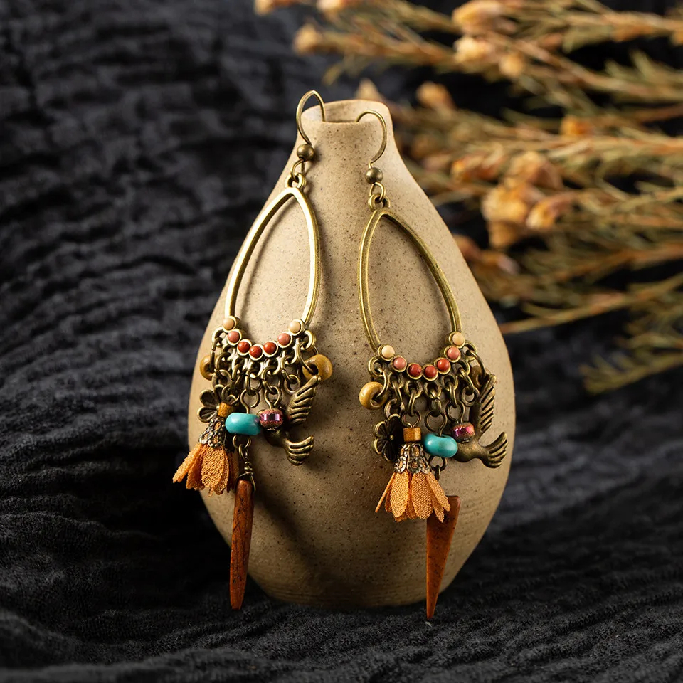 Bohemia Hollow flower Long Dangle Earring for women Vintage Long tassel Crystal Wood bird Women's earrings jewelry