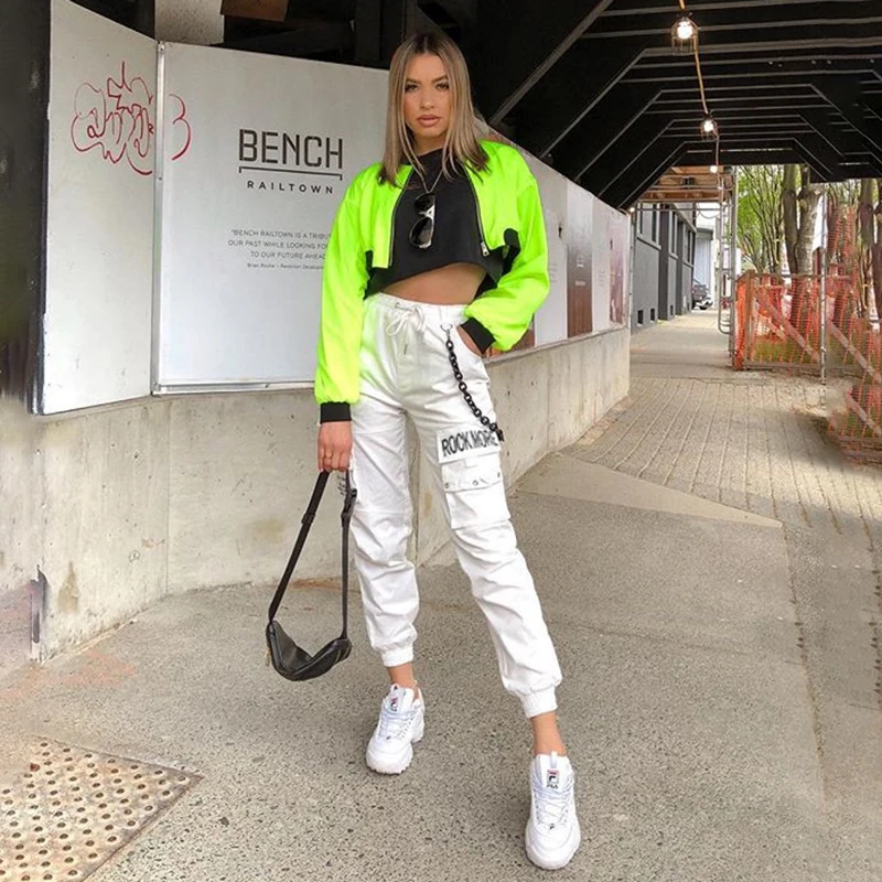 Rockmore White Cargo Pants With Chain Pockets Women High Waist Black Trousers Wide Leg Pants Femme Pant Summer Streetwear Fall Rockmore White Cargo Pants With Chain Pockets Women High Waist Black Trousers Wide Leg Pants Femme Pant Summer Streetwear Fall