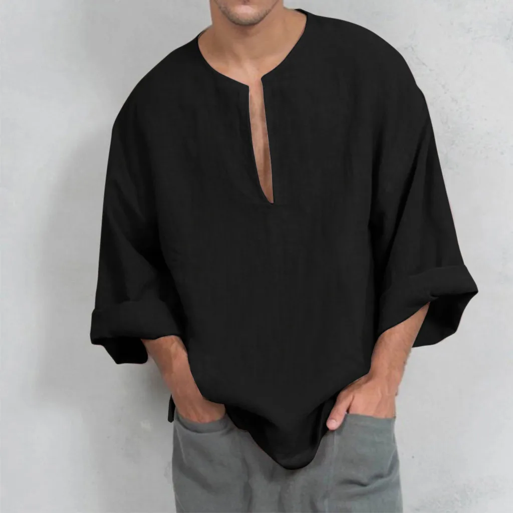 Осень мужская летняя футболка хлопковая льняная тайская рубашка хиппи с v-образным вырезом пляжная рубашка Топ Блузка футболка с длинным рукавом сплошной цвет
