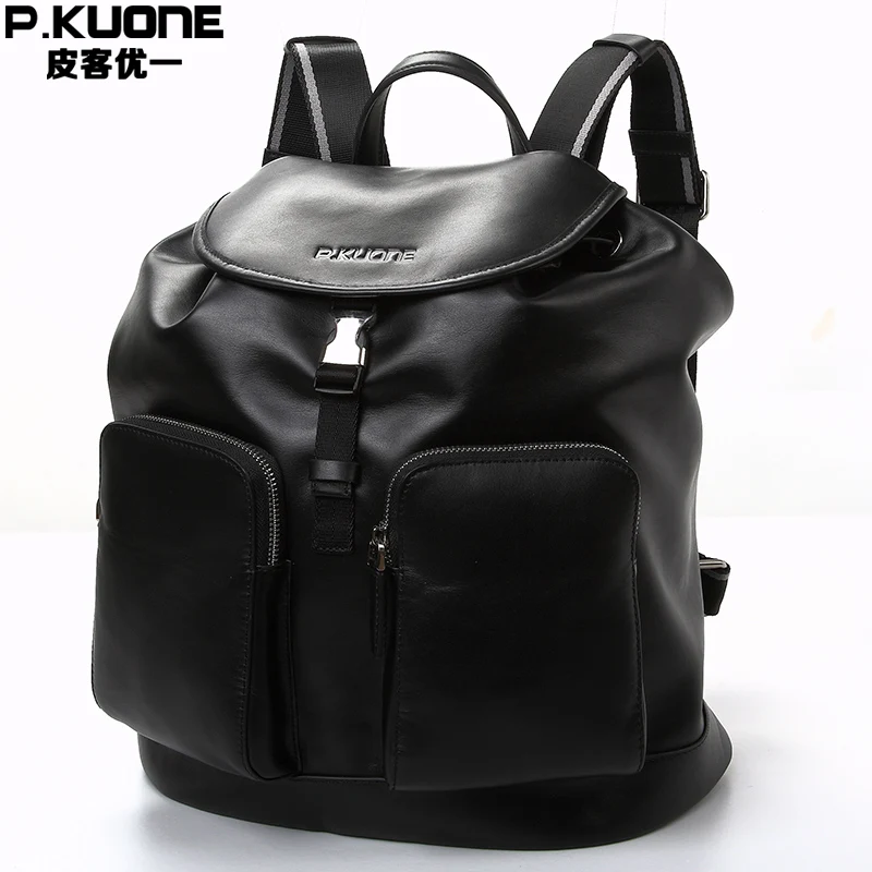 Black 100% Genuine Leather Men Backpacks Shoulder Bag Casual Male Travel Backpacks Cowhide Men Leisure Backpack Men 's Bag