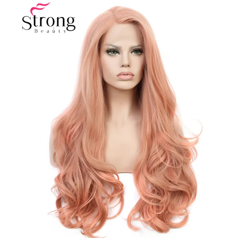 

StrongBeauty Lace Front Wigs Pink Wigs for Women Synthetic Rose Wig Long Wavy 26inch