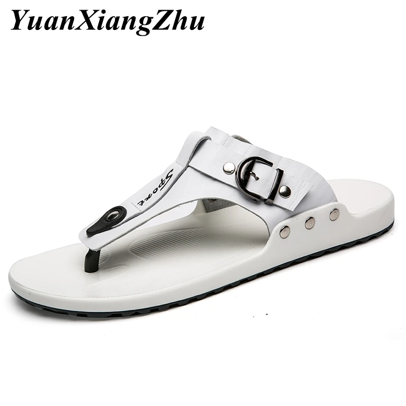 

2019 New Men Slippers Genuine Leather Beach Sandals Fashion Outside Flip Flops Shoes Man Slippers Sandals Comfortable Mens Flats