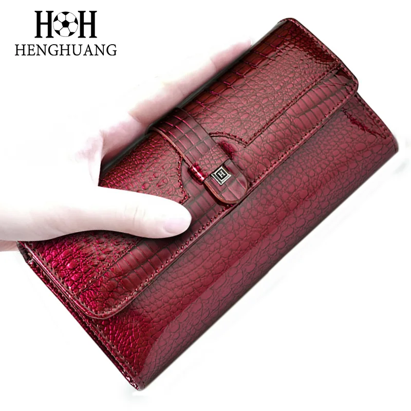 HH Women Long Wallet Genuine Leather Wallets Red Aligator Pattern Cowhide Purse Three Fold Large Capacity Clutch Wallet Luxury HH Women Long Wallet Genuine Leather Wallets Red Aligator Pattern Cowhide Purse Three Fold Large Capacity Clutch Wallet Luxury