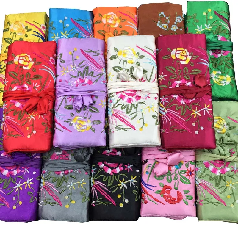 Chinese Wind Silk Multifunctional Jewelry Organizer Pouches 3 Zipper Bag Ring Bar Silk Embroidery Flower Bird Travel Roll Bag