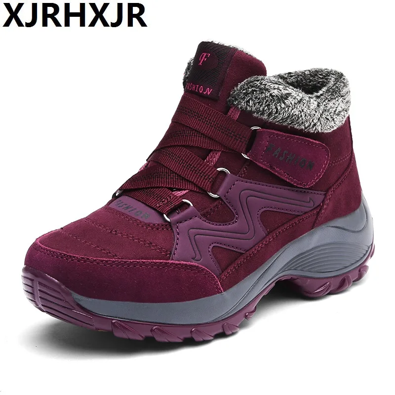 

XJRHXJR Hot Fashion Winter Female Plus Velvet Swing Shoes Snow Platform Boots Women Thermal Cotton-padded Shoes Flat Ankle Boots