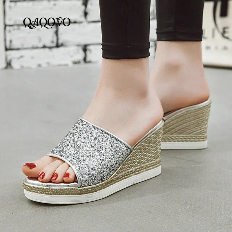 

Sparkling Summer Women Shoes Fashion Wedges Sandals Sequined High Heels Open Toe Platform Party Laides Shoes Big Size 43