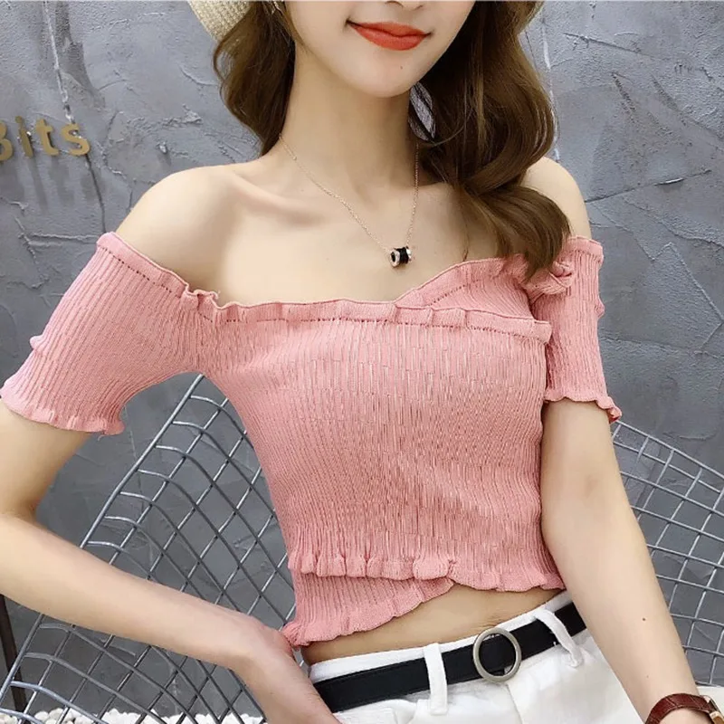 

Women Slash Neck Top Short Sleeve Knitted Ruffles T-Shirt Off-shoulder Sexy Elegant T-shirt