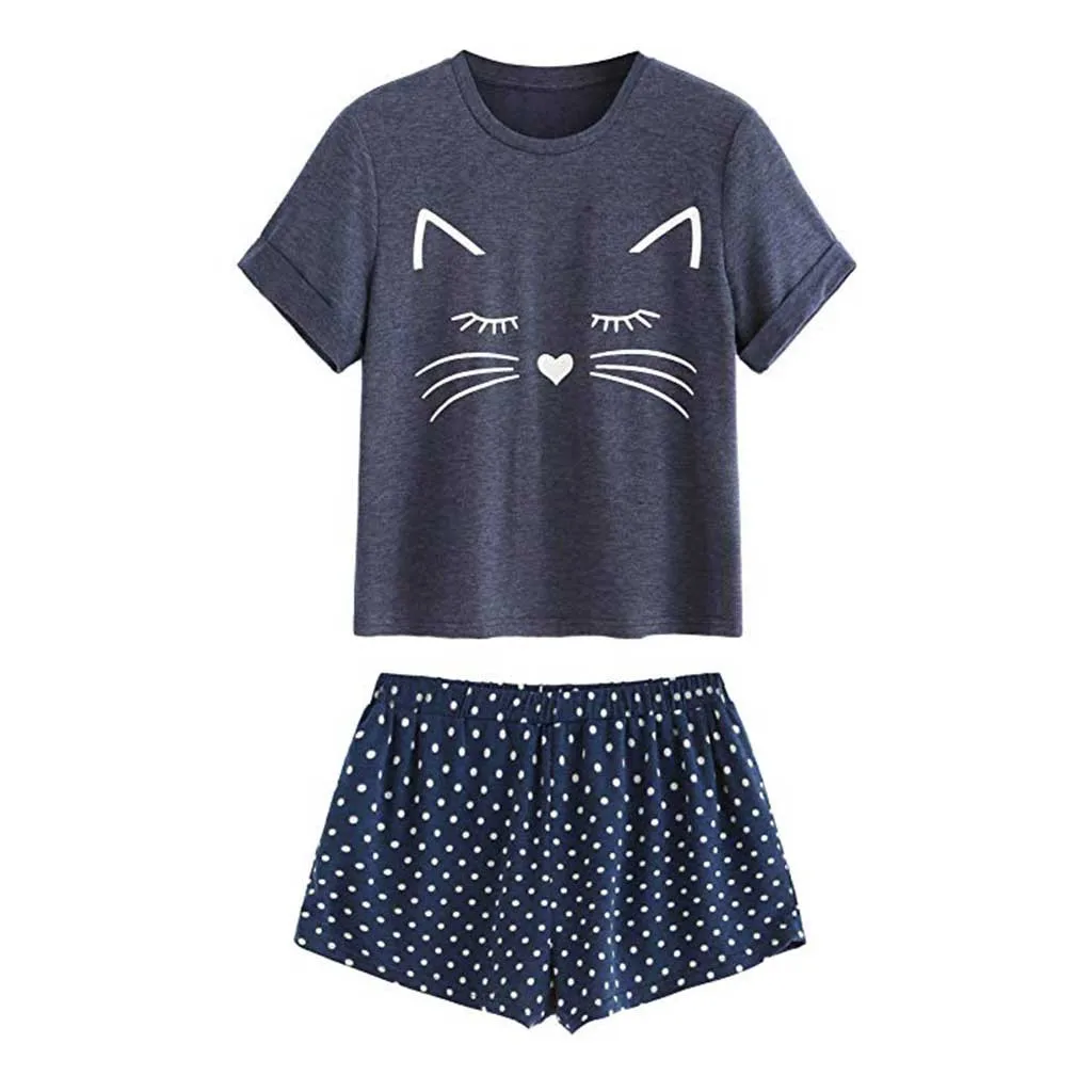 

Women's Casual Cat Shorts Short Sleeve Ruffled T-Shirt Sleepwear Nightwear Set Sleepwear Trim Satin Top Sets nightdress New 3.21