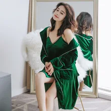 Emale/осенне-зимний пеньюар с длинными рукавами, бархатный теплый однотонный комплект пижамы