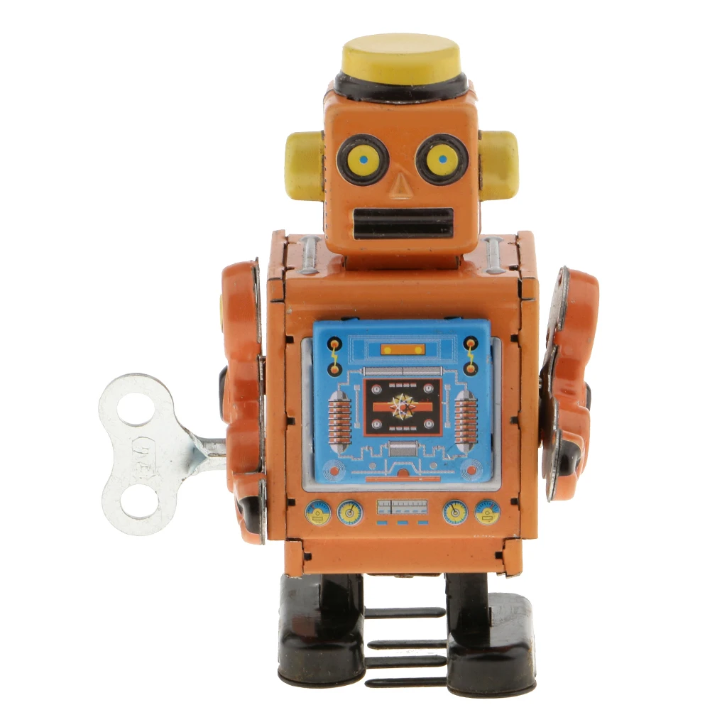 MagiDeal 1Pc 10cm Vintage Wind Up Clockwork Mechanical Walking Tin Crafted Robot Handmade Toy for Boys Birthday Gift Yellow