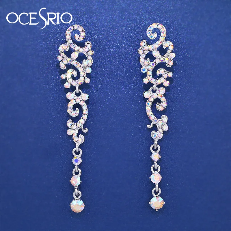 

OCESRIO Long Fashion Drop Earrings for Women Silver Crystal Rhinestone Big Hanging Dangle Earrings Bride Wedding Jewelry ers-h52