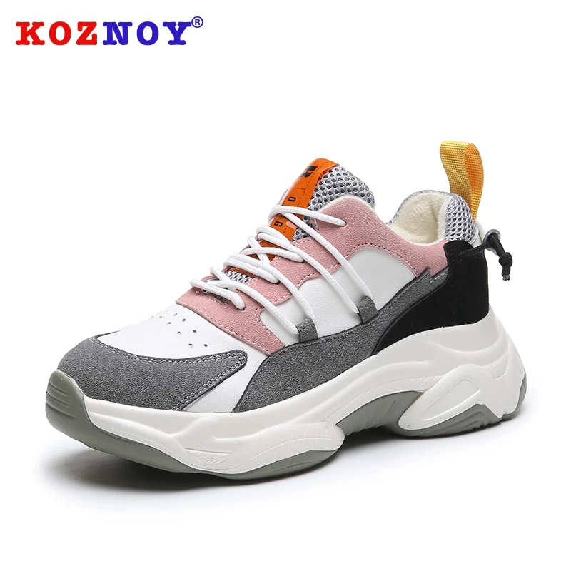 

Koznoy Sneakers Women Spring Thick Bottom Fashion Dropshipping Breathable Muffin Bottom Mixed Colors Lace Sewing Women Shoes