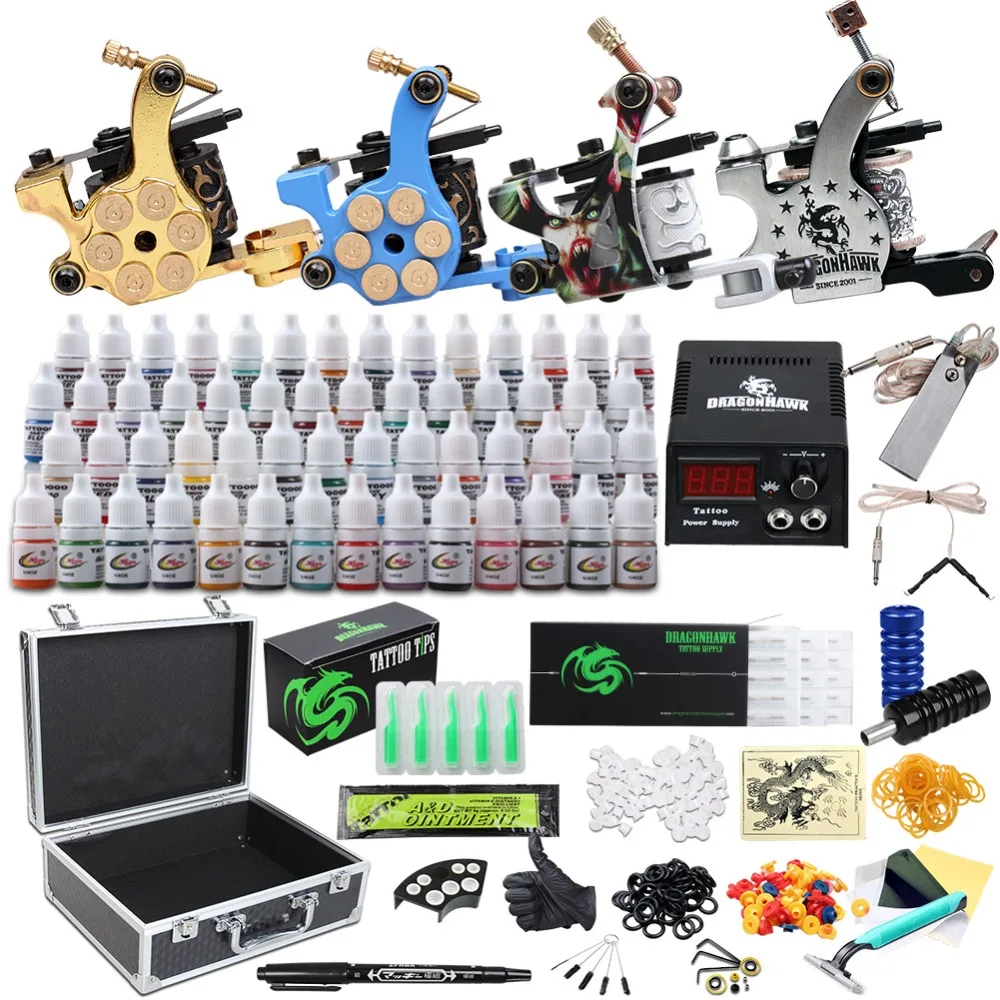 

Beginner Complete Tattoo kit 56 Color Ink 4 Machine Guns Power supply Needle Grip Tip in Box D176GD-15