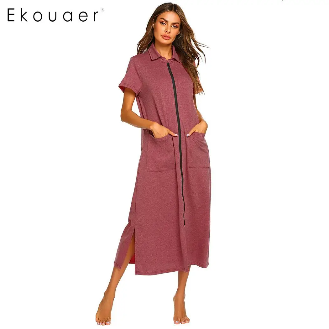 Ekouaer женская летняя длинная ночная рубашка, одежда для сна с отложным воротником, короткий рукав, на молнии, однотонная свободная ночная рубашка, женское Макси Ночное платье - Цвет: Wine Red