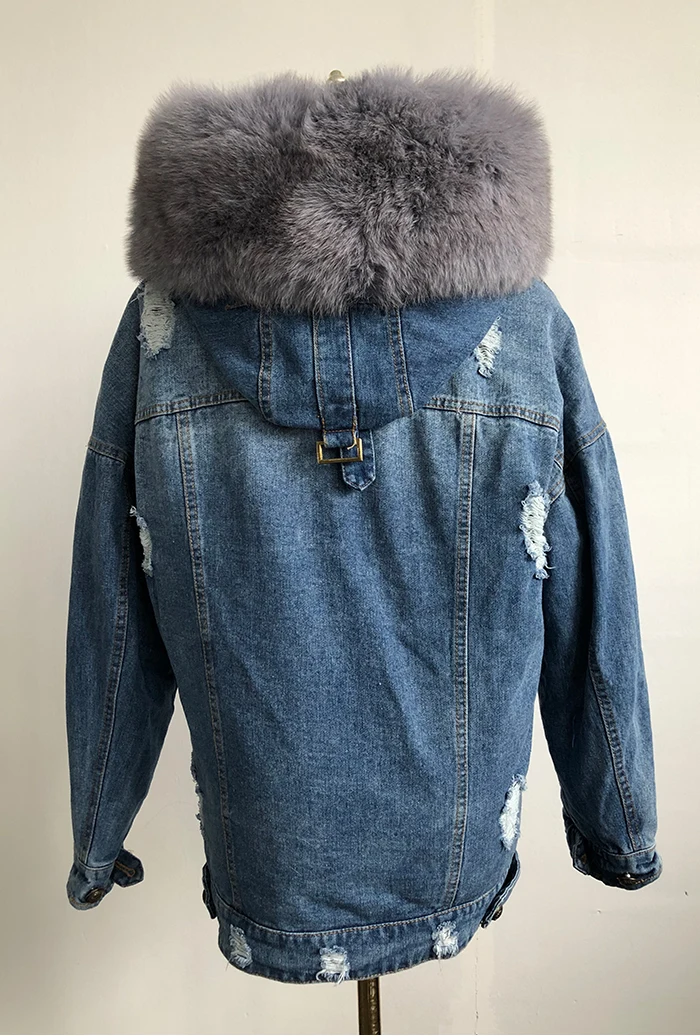 Women Denim Jacket With Fur hood Women Autumn Winter Denim Jacket Warm Upset Jacket Vintage Long Sleeve Loose Jeans Coat Outwear