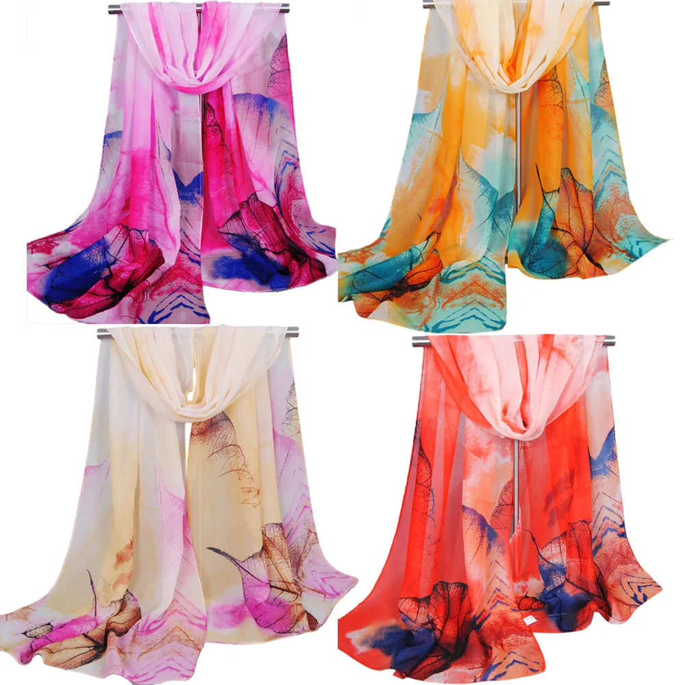 Women's Large Long Autumn Winter Chiffon Scarves Gradient Color Leaves
