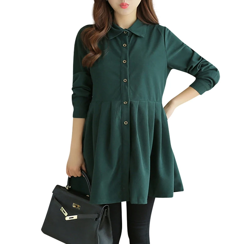 

Maternity Dress Solid Color Long Sleeve Shirt Dress Corduroy Korean style Button Dresses for pregnant women Autumn Clothing