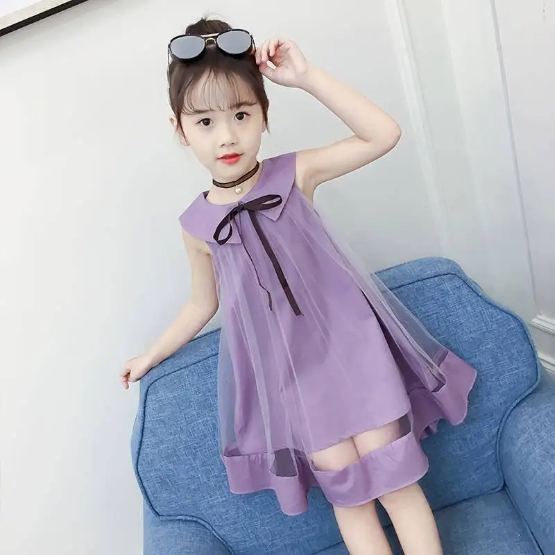 

2019 New Summer Fashion Teenage Girls Mesh Patchwork Dress Kids Sleeveless Vest Dresses For Girls Baby Girl Clothes Vestidos S79