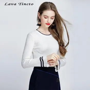 

2020 Spring New Arrival Womens Knitwear Korean Style Flare Sleeve Sweater Striped Edge Slim Knitted Pullover Free Shipping