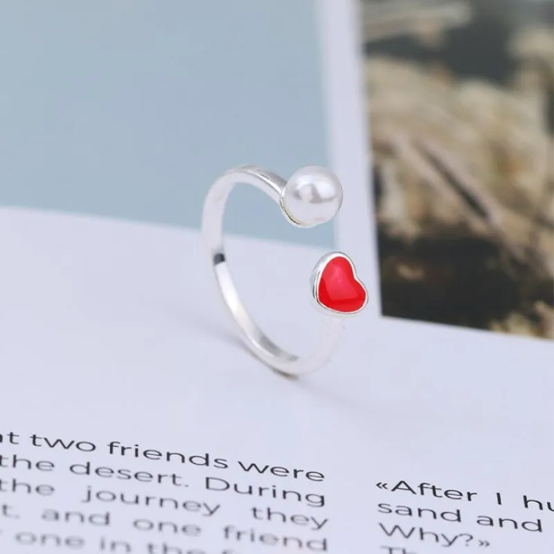 

Beautiful Exquisite New Fashion Temperament 925 Sterling Silver Jewelry Red Heart Shaped Love Pearl Opening Rings SR123