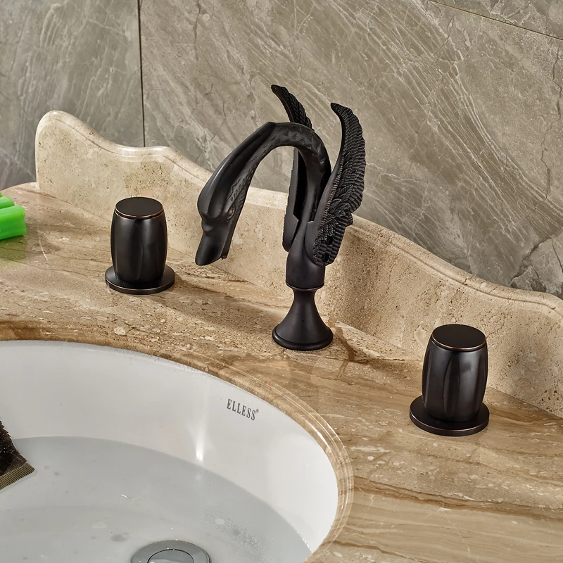 Oil Rubbed Bronze Classic Basin Faucet Deck Mounted Black Swan Bathroom Mixer Taps Dual Handles
