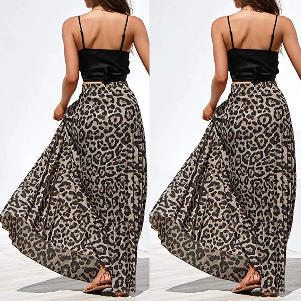 Женская юбка, юбки faldas jupe femme shein saia, Леопардовый принт, длинная Плиссированная юбка с высокой талией, богемная макси юбка#50