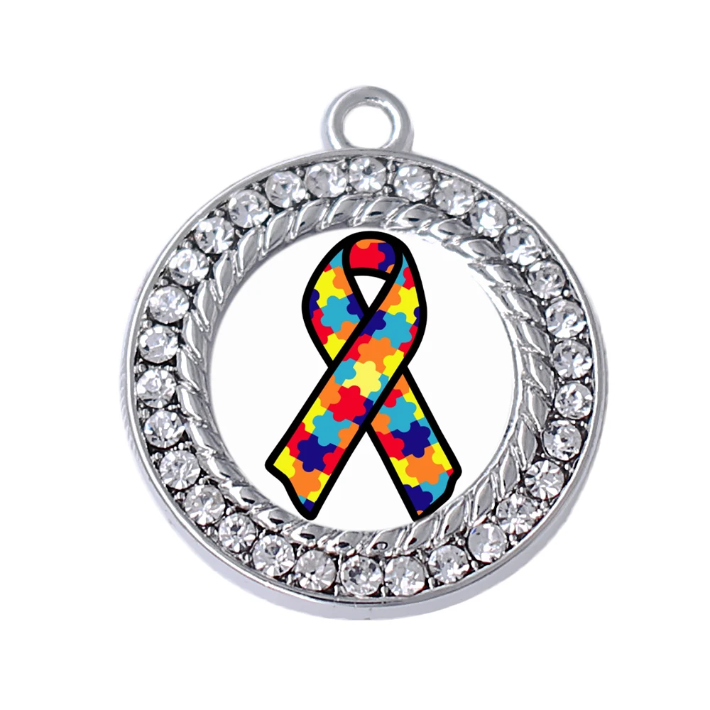 Fashion Autism Jigsaw Puzzle Ribbon Strap Charm with Rhinestone Crystal