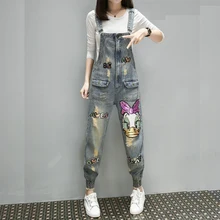 Джинсовые комбинезоны для женщин, новинка, весенние бусины из осенней коллекции, Мультяшные женские комбинезоны с дырками, Свободные повседневные джинсовые штаны, студенческие комбинезоны