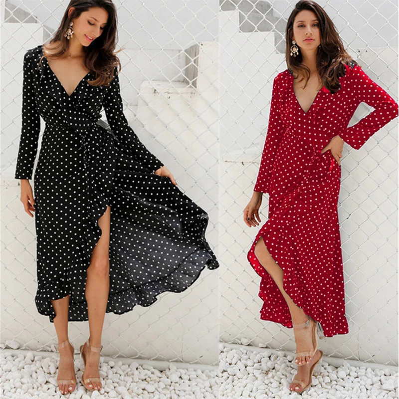 Женское платье бохо сексуальное v образный вырез узор в горошек с длинным рукавом
