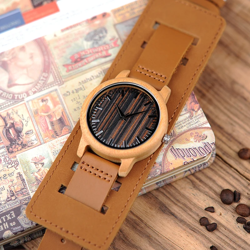 BOBO BIRD V-H08 Bamboo Wooden Watches Mens Quartz Outdoor Sport Watches Clock With Leather Strap Relojes Hombre