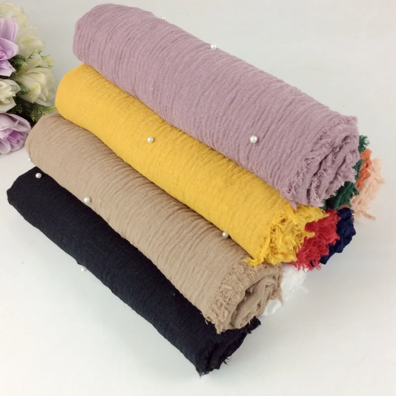 

Pearls Crinkle Plain Wrinkle Wrap Bubble Viscose Long Fringes Scarf Women Muslim Head Hijab Solid Echarpe Elegant 10pcs/lot