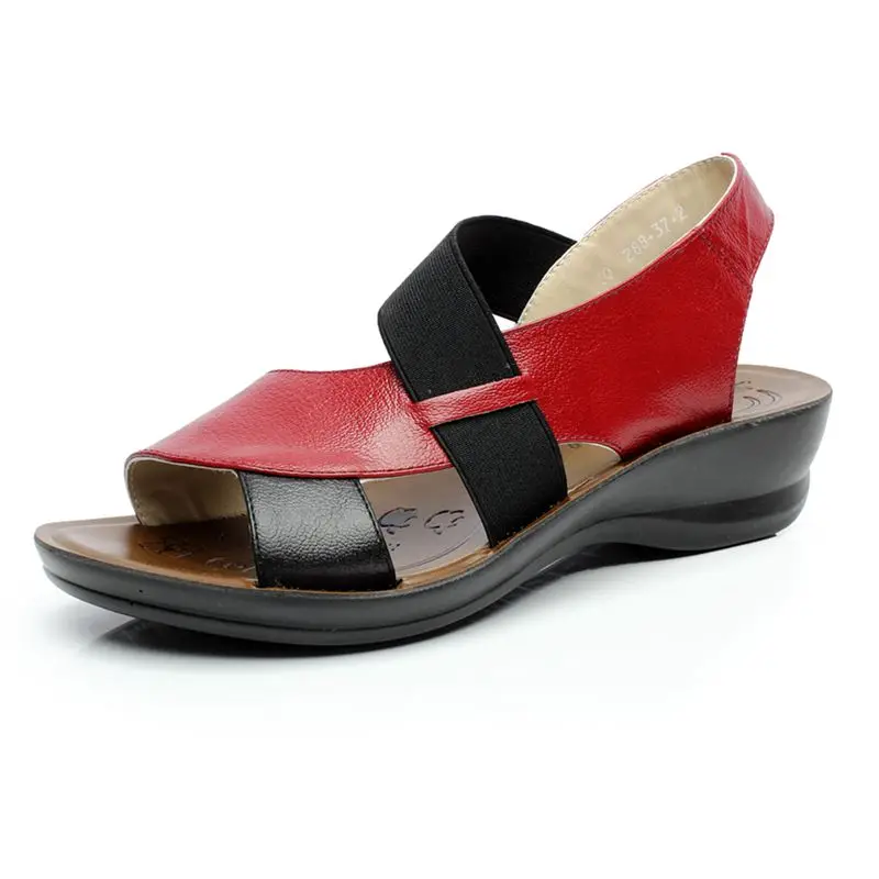 OUKAHUI модные Piel Genuina Sandalias Mujer/ г. женская летняя обувь сандалии клин пятки мягкая подошва открытый носок Эластичная лента сандалии - Цвет: Red wine
