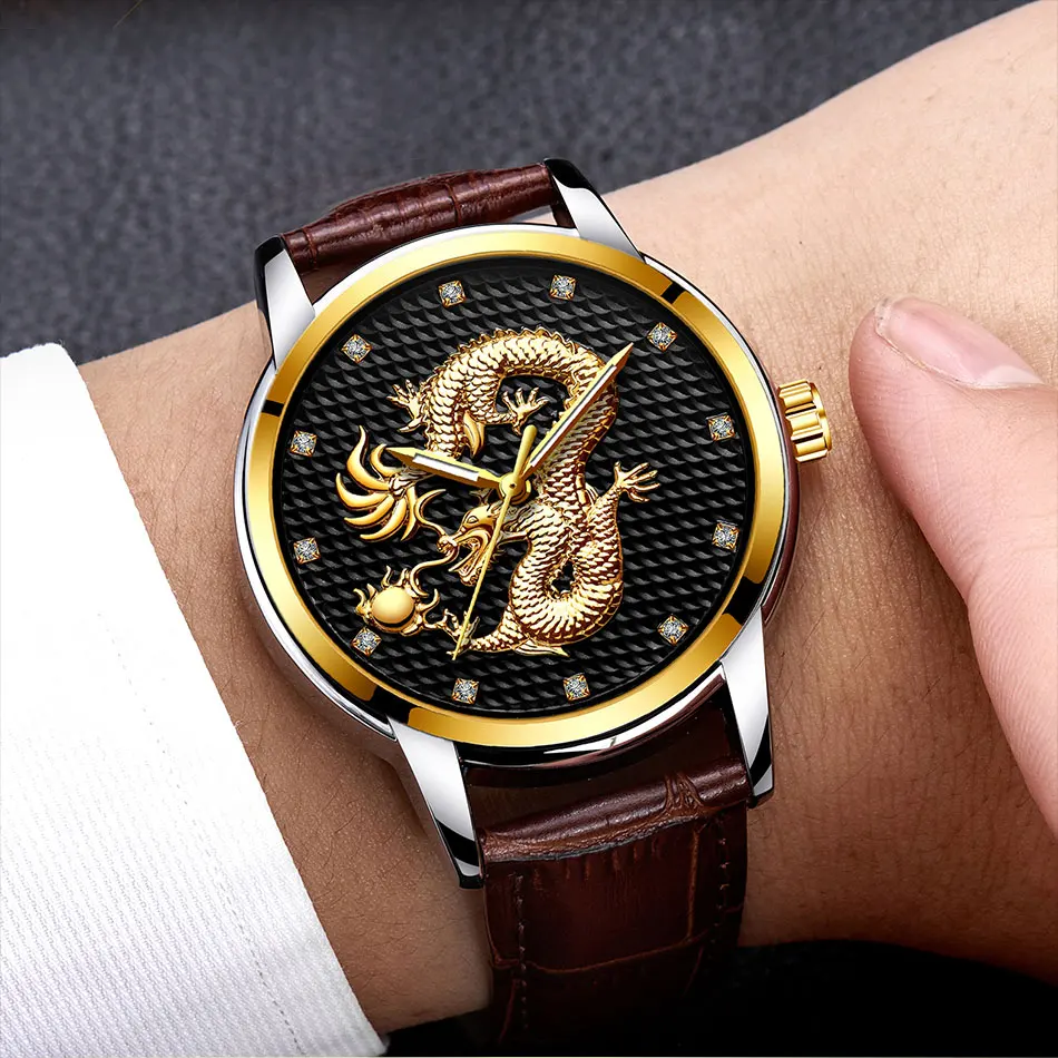 2021 LIGE New Golden Mens Watches Top Brand Luxury Chinese Dragon Watch Business Full Steel Quartz Clock Male Relogio Masculino
