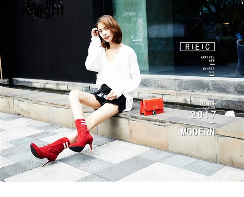 Fashion Elastic Ankle Sock Boots Stretch Thin High Heels Women Winter Sexy Black Booties Pointed Toe Women Pumps Plus Size 33-43 (11)