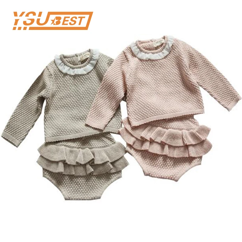 

2019 Ruffles Baby Girl Cotton Knitted Suits Long Sleeves Pullover Shorts Two Sweater Suits Girls Clothing Sets Kid Clothing Girl