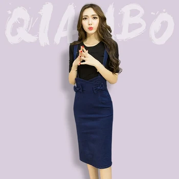 

2018 new spring women denim strap cross Pencil skirt Package hip medium long female bow slim blue High waist skirts for woman