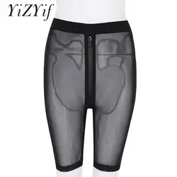 YiZYiF черные сексуальные шорты женские с высокой талией передняя молния Прозрачная сетка Halft короткие feminino женские шорты femme