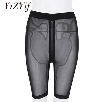 

YiZYiF Black Sexy Shorts Women High-waisted Front Zipper See Through Sheer Mesh Halft short feminino women shorts femme