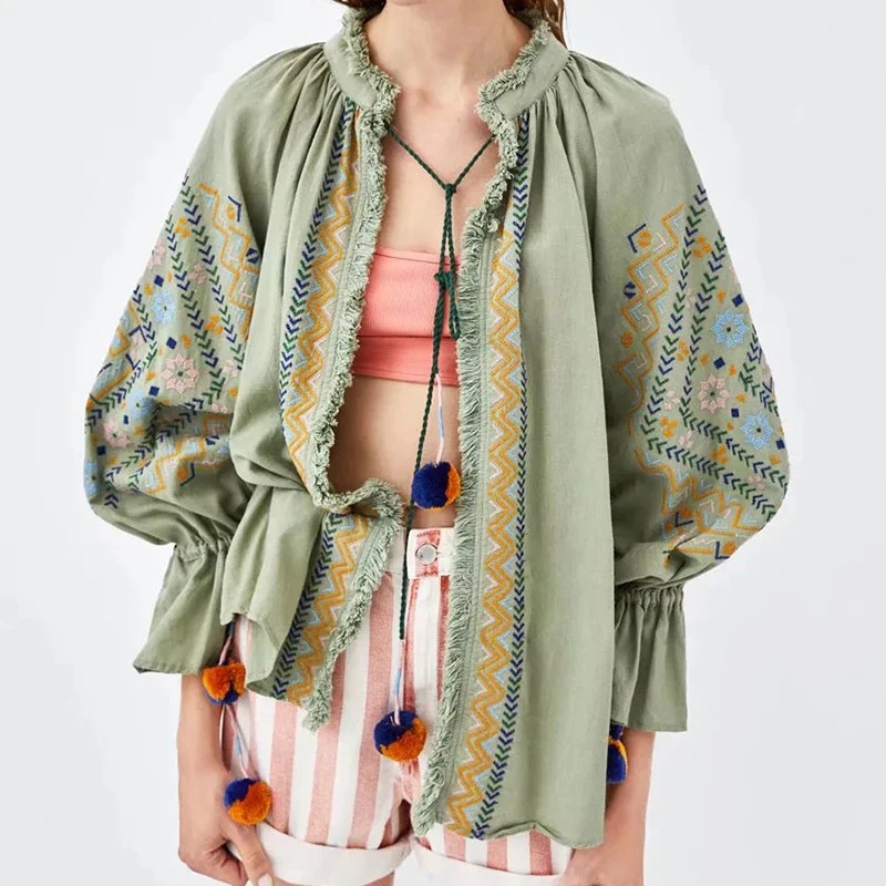 Fashion Autumn Women Geometric Embroidery Jackets with Pompom Tassel